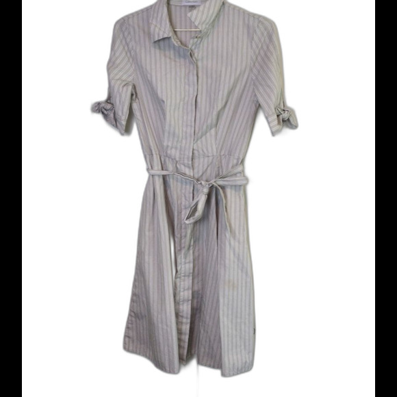 CALVIN KLEIN WOMEN'S 2 GRAY WHITE STRIPE FIT FLARE BUTTON DOWN DRESS - Picture 1 of 7